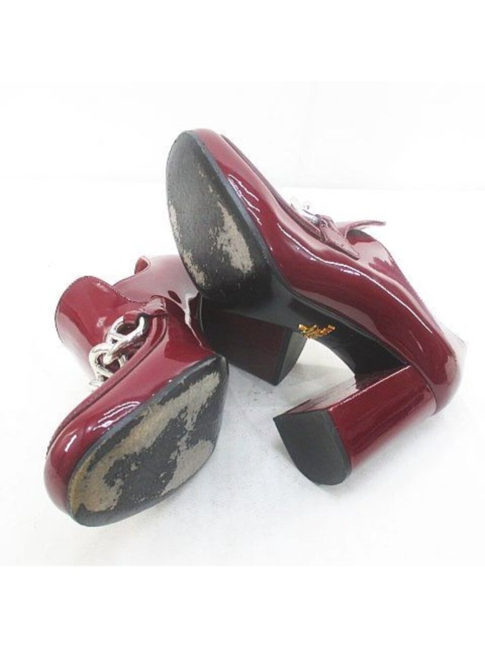 Prada Heels Loafers Silver Chain 35 Bordeaux Enamel - Picture 7 of 8